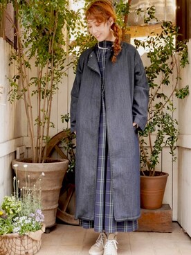 「チェックワンピース」｜「アイテム（ノーカラーコート）」を使った、amililyさん（レディース・155cm）の春コーディネート
