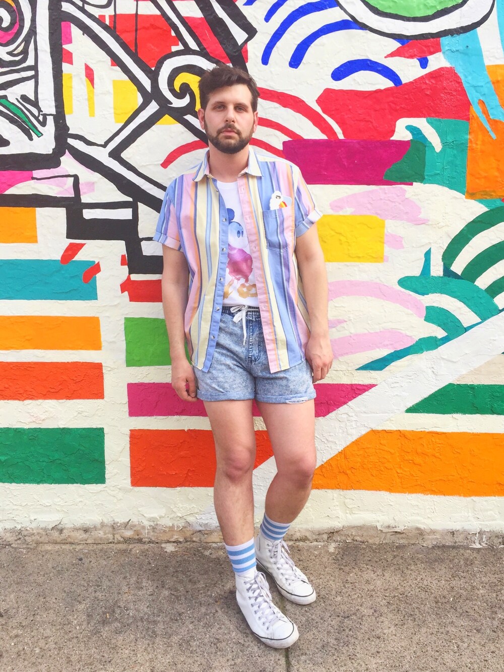 「pastel、summer、menswear、shorts、disney、converse、UNIQLO、colorful、ootd、boy」｜「UNIQLOのアイテム（Tシャツ/カットソー、その他）」を使った、Gregoryさん（メンズ・183cm）の春コーディネートの1枚目の写真