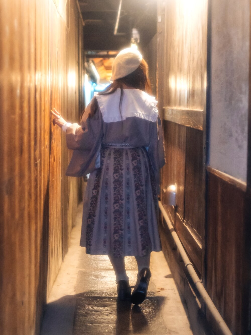 「和洋折衷、Fi.n.t、和服、個性的、スカート、着物、プリーツスカート」｜「F i.n.tのアイテム（スカート、ベージュ系）」を使った、minさん（レディース・157cm）の春コーディネートの1枚目の写真