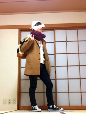 「TAKEO KIKUCHI（タケオキクチ）のアイテム（チェスターコート）」を使った、sさん（メンズ・175cm）の冬コーディネート