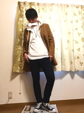 「TAKEO KIKUCHI（タケオキクチ）のアイテム（チェスターコート）」を使った、sさん（メンズ・175cm）の冬コーディネート