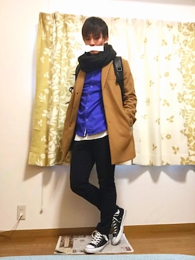「TAKEO KIKUCHI（タケオキクチ）のアイテム（チェスターコート）」を使った、sさん（メンズ・175cm）の冬コーディネート
