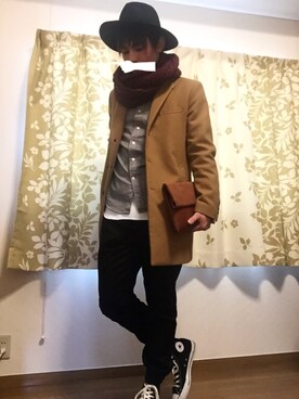 「TAKEO KIKUCHI（タケオキクチ）のアイテム（チェスターコート）」を使った、sさん（メンズ・175cm）の冬コーディネート