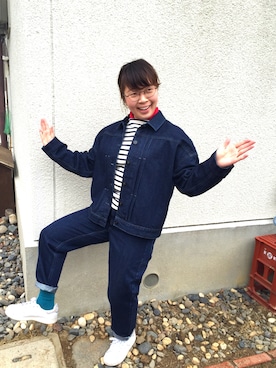 「セントジェームス」｜「アイテム（デニムジャケット）」を使った、もももさん（レディース・151cm）の冬コーディネート