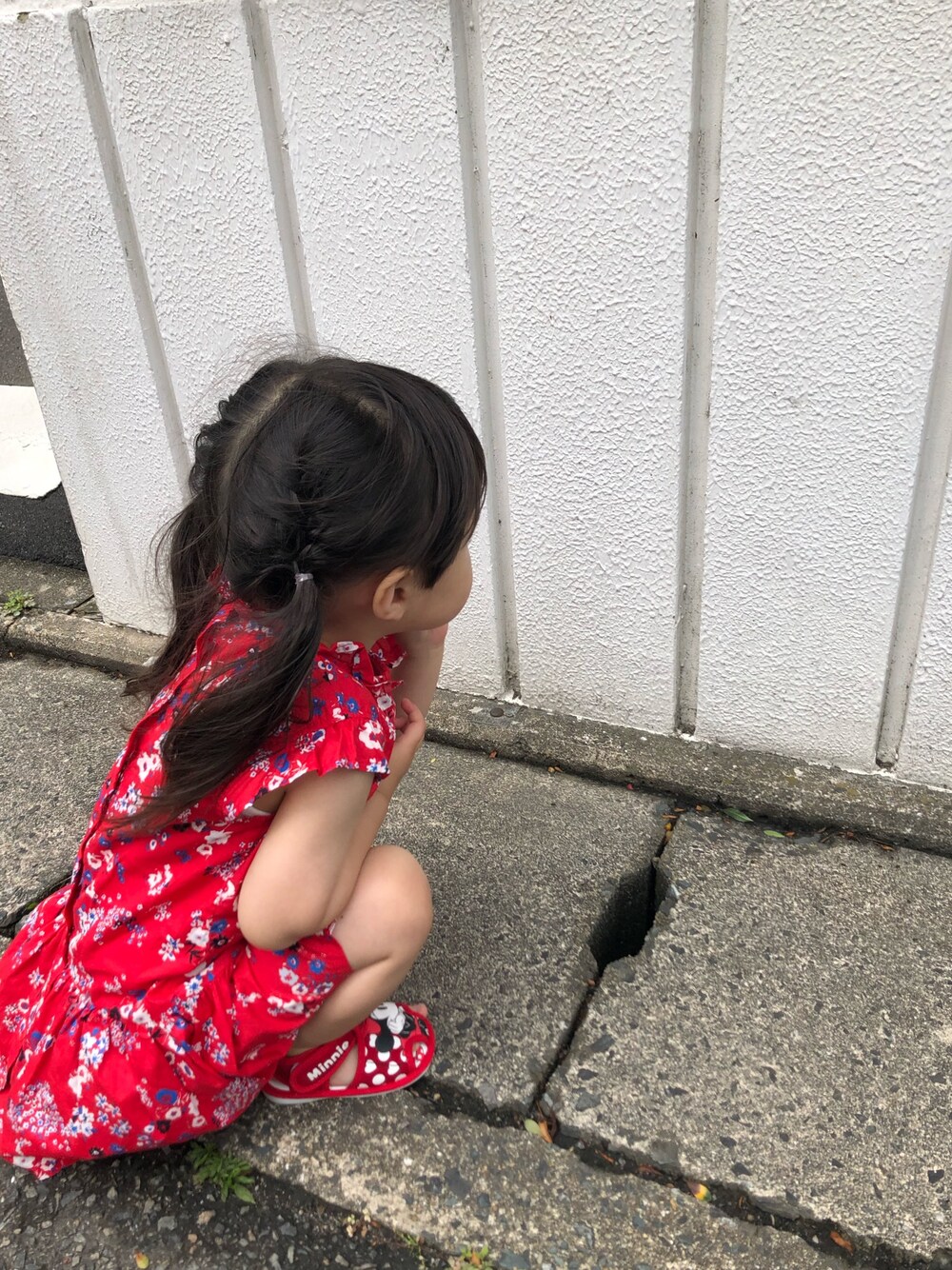 「プチバトー、花柄ワンピース、おんなのこコーデ、あみこみヘア、夏」｜「PETIT BATEAUのレッドフラワーワンピース（ワンピース、レッド系）」を使った、mmmさん（キッズ・90cm）の夏コーディネートの1枚目の写真