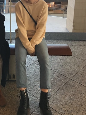 「SPAO（スパオ）のアイテム（デニムパンツ、ブルー系）」を使った、Ꭱさん（レディース）の冬コーディネート