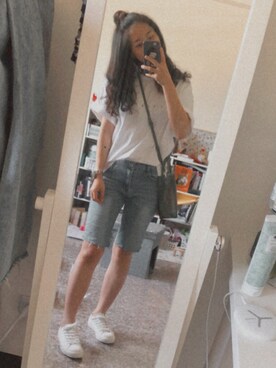 「MUJI Labo（ムジラボ）のアイテム（Shoes、ホワイト系）」を使った、黃以葯さん（レディース・155cm）の夏コーディネート