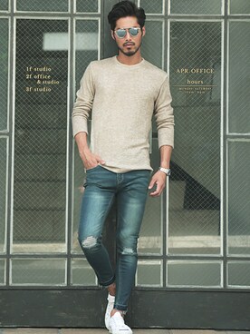 「クルーネックニット」｜JIGGYS SHOP PRESSさん（メンズ・180cm）の秋コーディネート