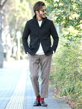 「jiggys shop（ジギーズショップ）のアイテム（テーラードジャケット）」を使った、JIGGYS SHOP PRESSさん（メンズ・180cm）の春コーディネート