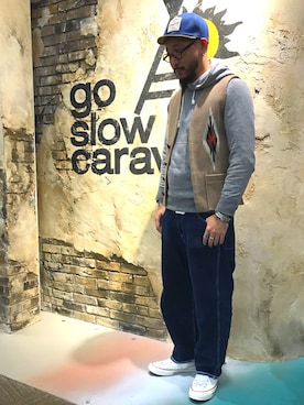 「goslowcaravan」｜「アイテム（キャップ）」を使った、goslowcaravan  そうちゃんさん（メンズ・179cm）の冬コーディネート
