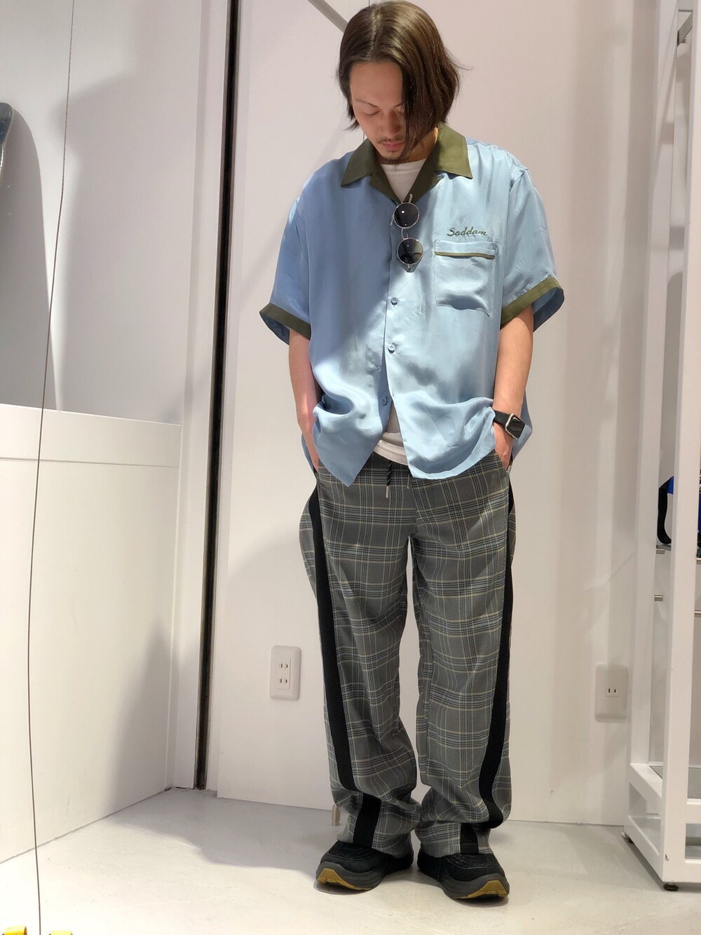 「LHP、Danke schon、チェックパンツ、春、blackmeans、夏コーデ、WHITELAND BLACKBURN、blackweirdos、LHP上野、令和」｜「DANKE SCHONのDankeSchon/ダンケシェーン/チェックリブパンツ（その他パンツ、グレー系）」を使った、kazuya muraiさん（メンズ・168cm）の春コーディネートの1枚目の写真