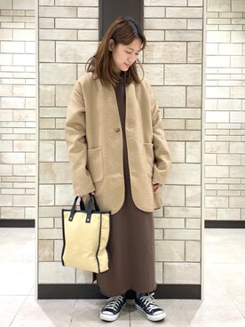 「coen（コーエン）のアイテム（ノーカラージャケット）」を使った、coen    あべさん（レディース・158cm）の秋コーディネート