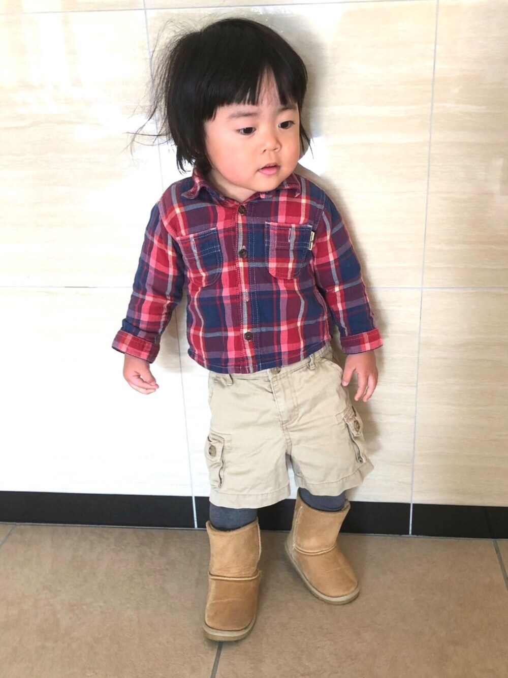 「男の子、2歳、２歳1ヶ月、レギンス×ショートパンツ、サイズアウト、着納め、三兄妹、おしゃれさんと繋がりたい」｜「WASKのアイテム（シャツ/ブラウス、その他）」を使った、3kids_codeさん（キッズ・90cm）の冬コーディネートの1枚目の写真