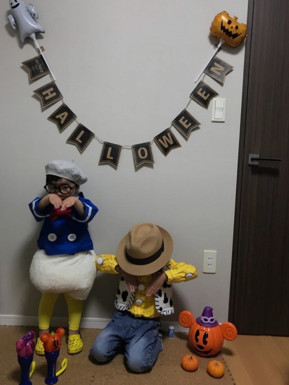 「wearhalloween2017、ハロウィン、ﾄﾞﾅﾙﾄﾞﾀﾞｯｸ、ウッディ、ディズニーハロウィン、ディズニーコーデ、おとこのこ」｜「FREE'S MARTの中折れストローハット（ハット、ブラウン系）」を使った、Kiii☆Soooさん（キッズ・100cm）の秋コーディネートの1枚目の写真