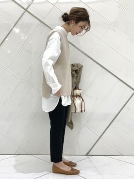「ロングシャツ」｜「アイテム（ステンカラーコート）」を使った、イノウエ ユミさん（レディース・158cm）の冬コーディネート
