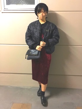 「バラ柄」｜「アイテム（ブルゾン）」を使った、みことさん（レディース・158cm）の冬コーディネート
