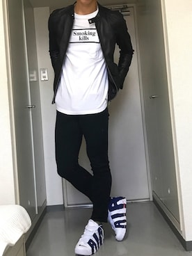 「FR2」｜「アイテム（ライダースジャケット）」を使った、やいづさん（メンズ・185cm）の秋コーディネート