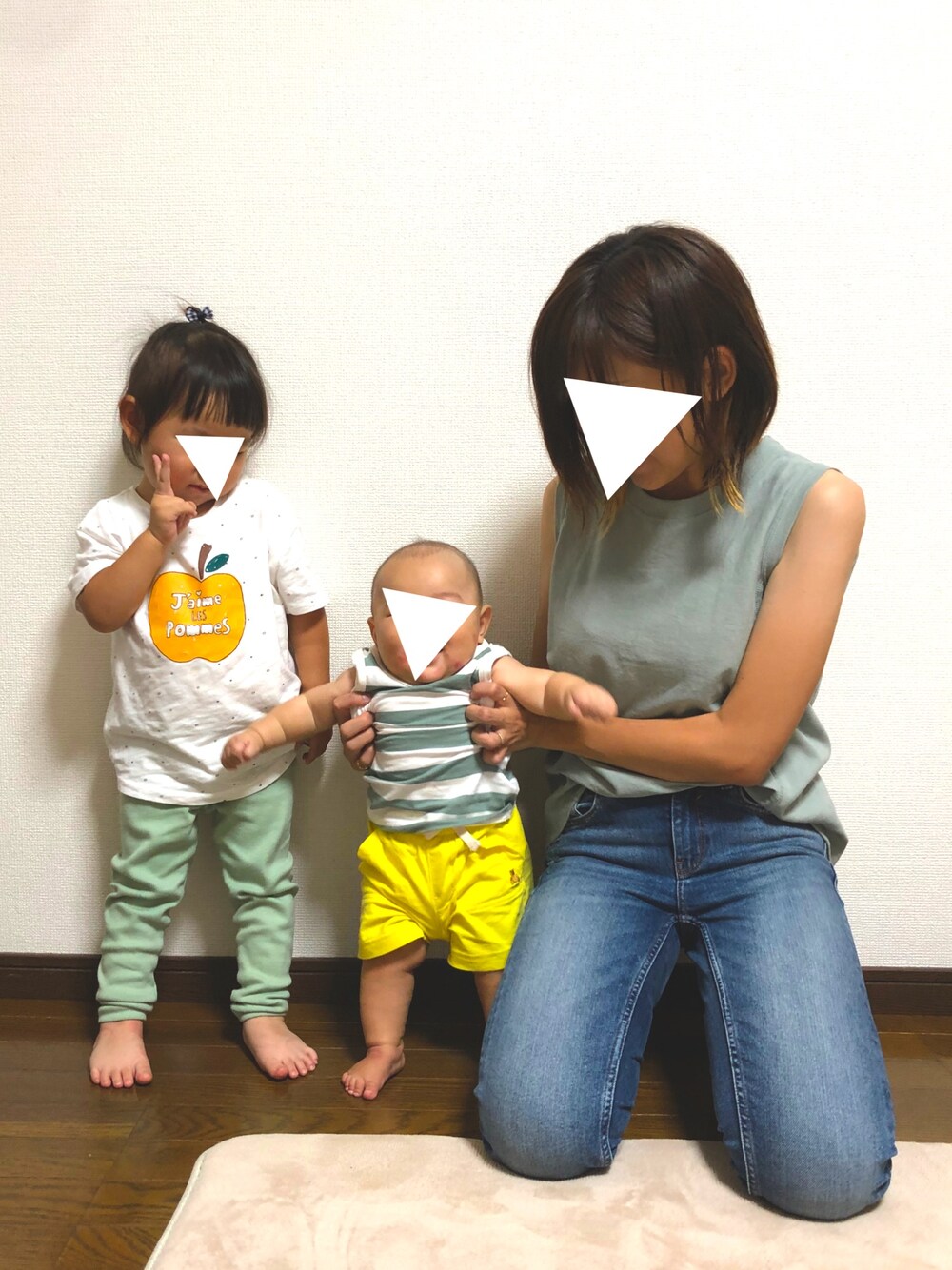 「夏、キッズファッション、キッズコーデ、リンクコーデ、2歳、０歳、姉弟、親子コーデ」｜「無印良品のアイテム（タンクトップ、グリーン系）」を使った、co_riさん（キッズ・80cm）の夏コーディネートの1枚目の写真