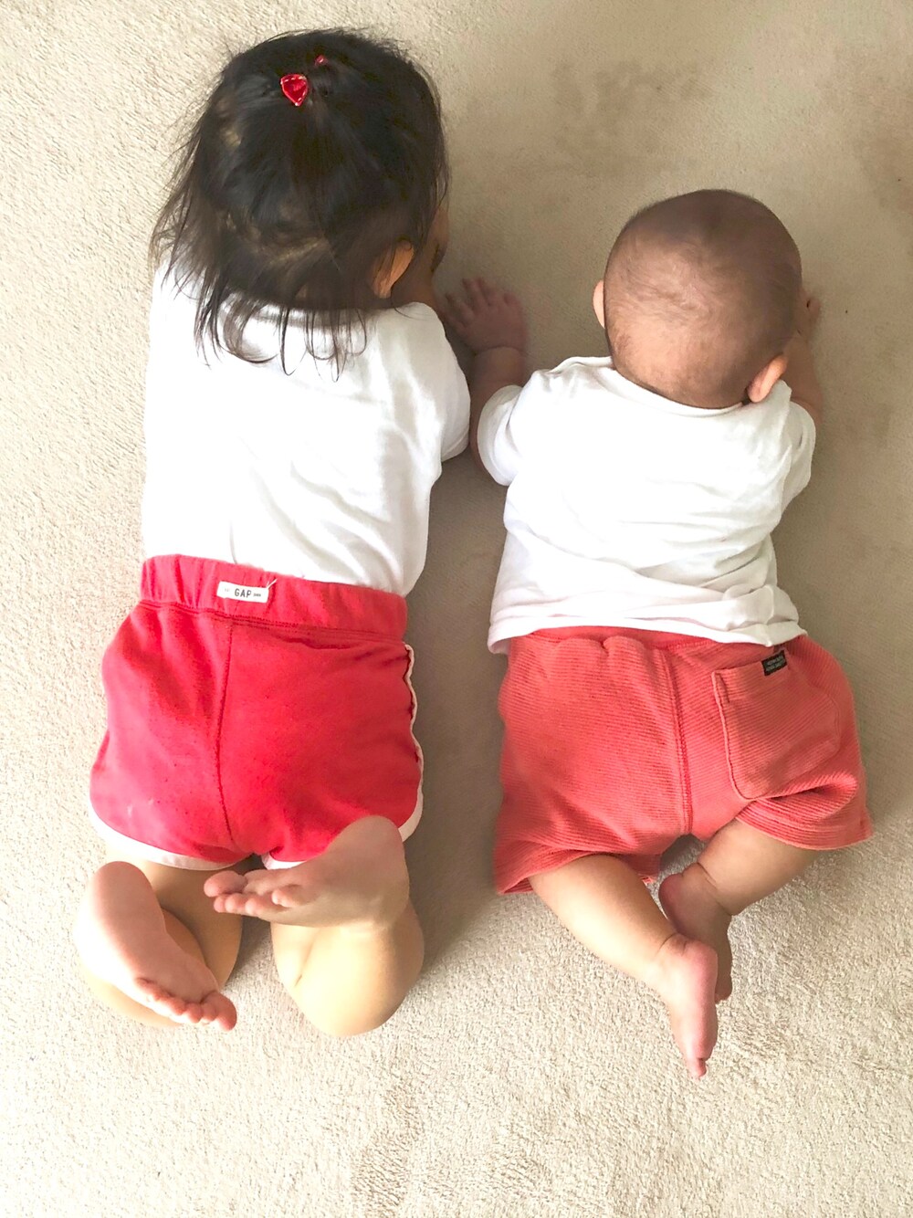 「夏、キッズファッション、ラクチンコーデ、リンクコーデ、男の子コーデ、白Tシャツ、2歳、０歳、姉弟」｜「BREEZEのアイテム（パンツ、レッド系）」を使った、co_riさん（キッズ・80cm）の夏コーディネートの1枚目の写真