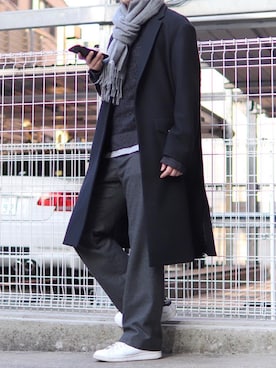 「CULLNI（クルニ）のアイテム（チェスターコート）」を使った、コウさん（メンズ・171cm）の冬コーディネート