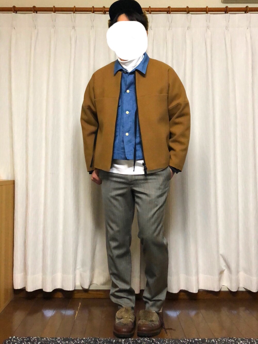 「SUNSEAのアイテム（ブルゾン、ブラウン系）」を使った、カーボンさん（メンズ・173cm）の冬コーディネートの1枚目の写真