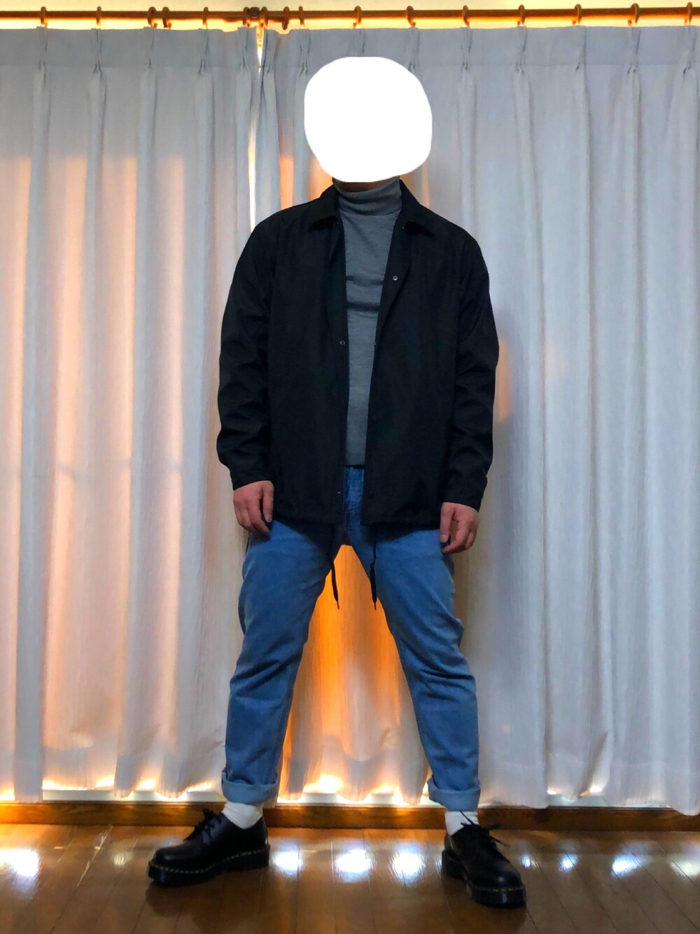 「GUのアイテム（スタジャン、ブラック系）」を使った、カーボンさん（メンズ・173cm）の冬コーディネートの1枚目の写真