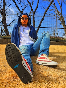 「MCD（エムシーディー）のアイテム（スウェット）」を使った、RAPPIさん（メンズ・171cm）の冬コーディネート