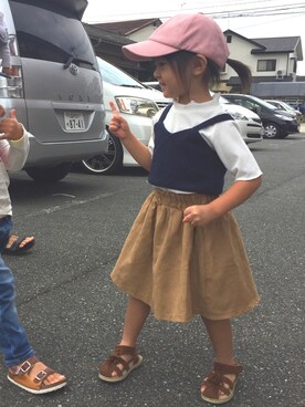 「西松屋（ニシマツヤ）のアイテム（キャップ、ピンク系）」を使った、やましぃさん（キッズ・100cm）の秋コーディネート