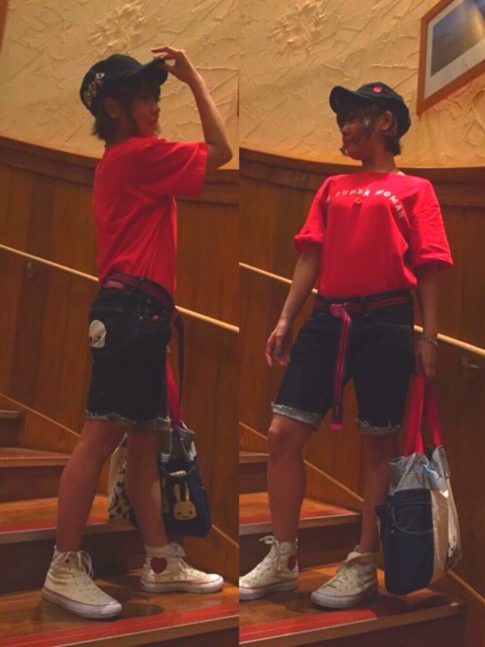 「LIVEコーデ、パンダコーデ、うさぎちゃん」｜「AZUL by moussyのI'M SUPER WOMAN T（Tシャツ/カットソー、レッド系）」を使った、Megさん（レディース・154cm）の夏コーディネートの1枚目の写真