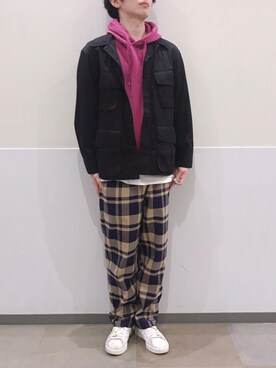 「ユニクロU」｜「アイテム（ミリタリージャケット）」を使った、うっどさん（メンズ・172cm）の春コーディネート