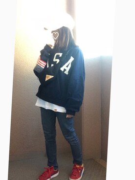 「DouDou（ドゥドゥ）のアイテム（キャップ）」を使った、みかんさん（レディース・148cm）の秋コーディネート