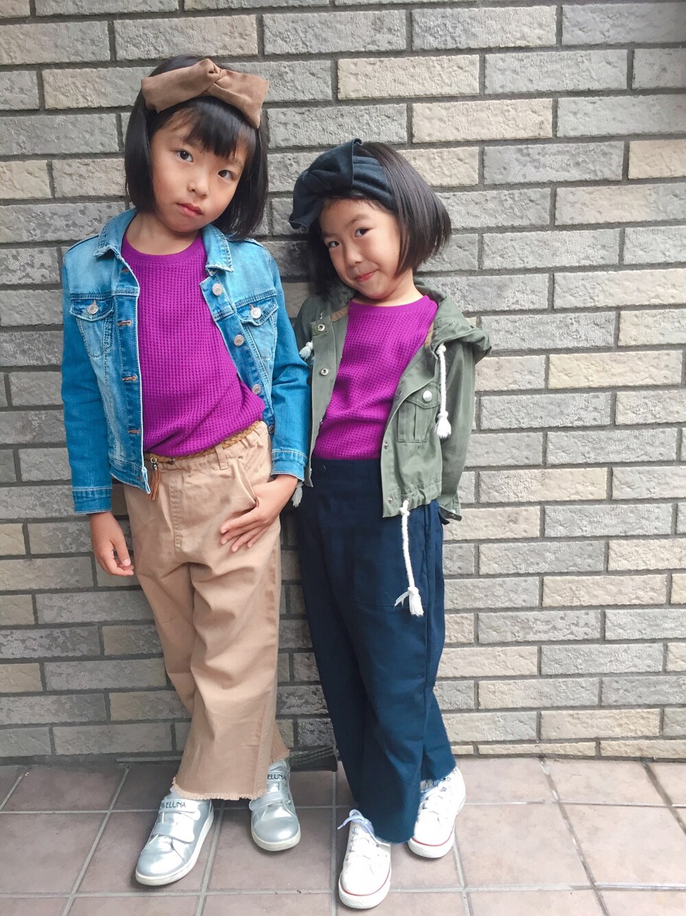 「秋服準備はじめました、女の子コーデ、キッズファッション、おしゃれさんと繋がりたい、シンプル、姉妹コーデ」｜「CIAOPANIC TYPYの【ママとおそろい】ワッフルノースリーブTee（Tシャツ/カットソー、パープル系）」を使った、fusaさん（キッズ・110cm）の秋コーディネートの1枚目の写真