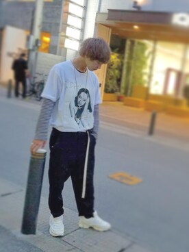 「COMME des GARCONS HOMME DEUX（コムデギャルソンオムドゥ）のアイテム（スラックス）」を使った、TAMONさん（メンズ・173cm）の春コーディネート