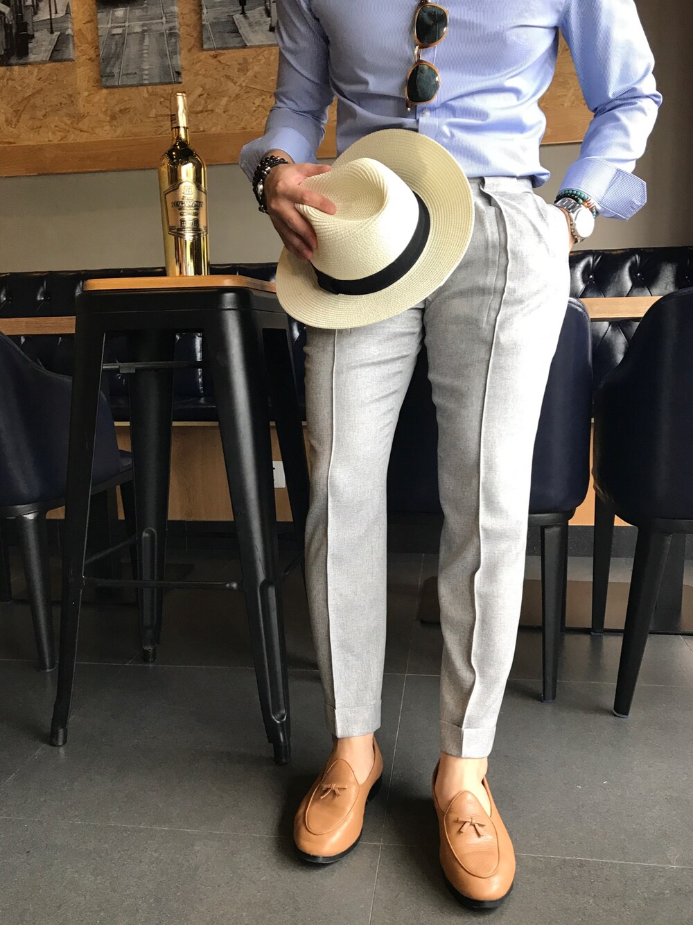 「就是先生のアイテム（スラックス、シルバー系）」を使った、就是先生さん（メンズ・168cm）の夏コーディネートの1枚目の写真