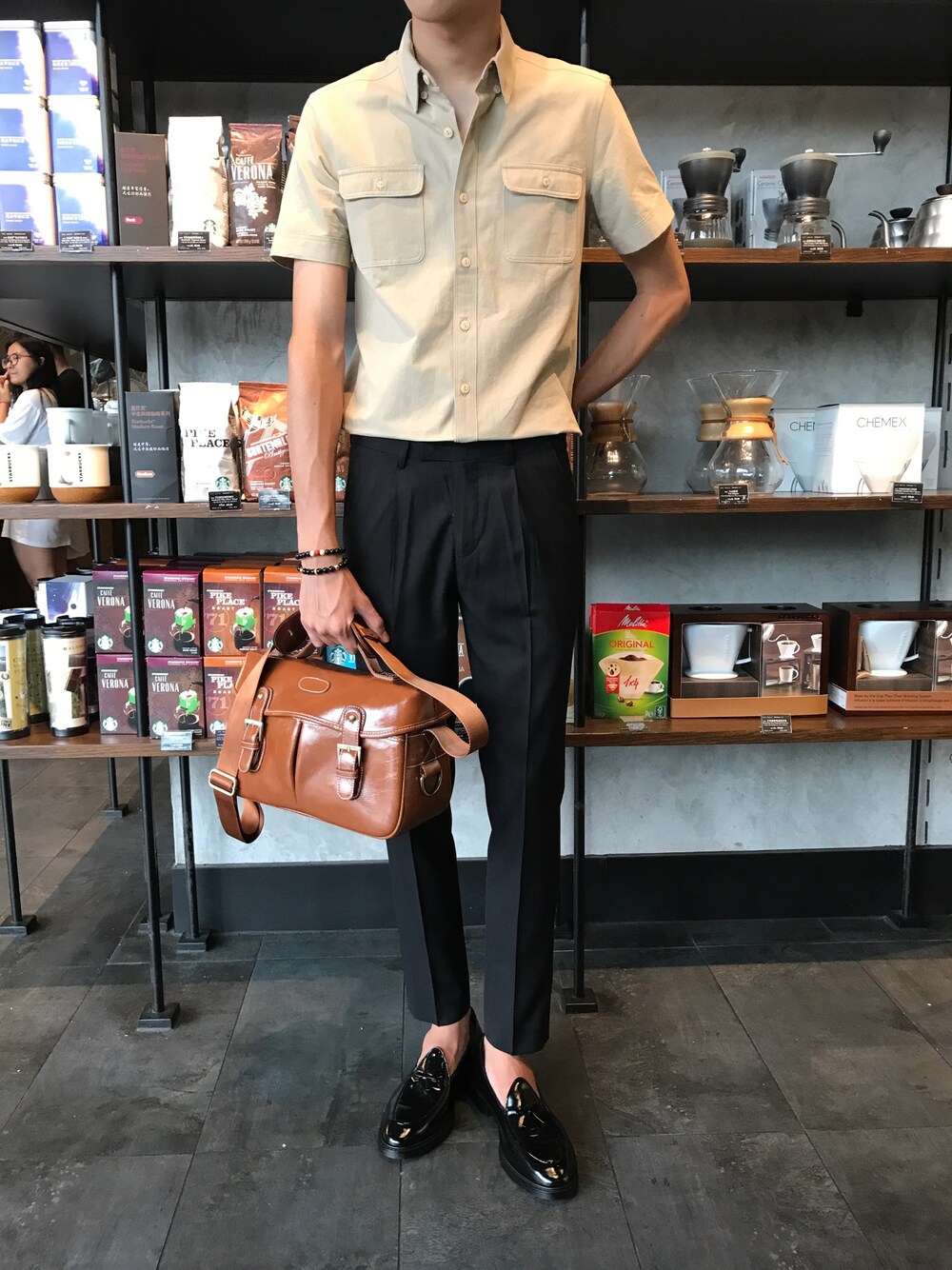 「就是先生のアイテム（スラックス、ブラック系）」を使った、就是先生さん（メンズ・168cm）の夏コーディネートの1枚目の写真