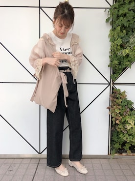 「one after another NICE CLAUP（ワンアフターアナザーナイスクラップ）のレース＆レオパードバレエシューズ（バレエシューズ）」を使った、Megumi❤︎さん（レディース・165cm）の春コーディネート