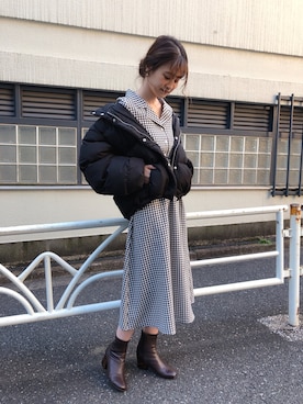 「チェックワンピース」｜「アイテム（ダウンジャケット/コート）」を使った、Megumi❤︎さん（レディース・165cm）の冬コーディネート