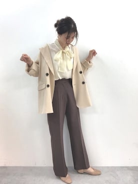 「one after another NICE CLAUP（ワンアフターアナザーナイスクラップ）のアイテム（スラックス、ブラウン系）」を使った、Megumi❤︎さん（レディース・165cm）の春コーディネート