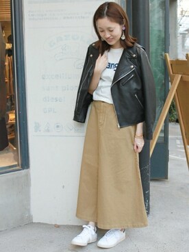 「SLOBE IENA（スローブイエナ）のアイテム（ライダースジャケット）」を使った、Sallyさん（レディース・162cm）の春コーディネート