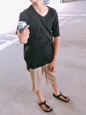 「Champion（チャンピオン）のアイテム（Tシャツ/カットソー、ブラック系）」を使った、Shinobu さん（キッズ）の夏コーディネート