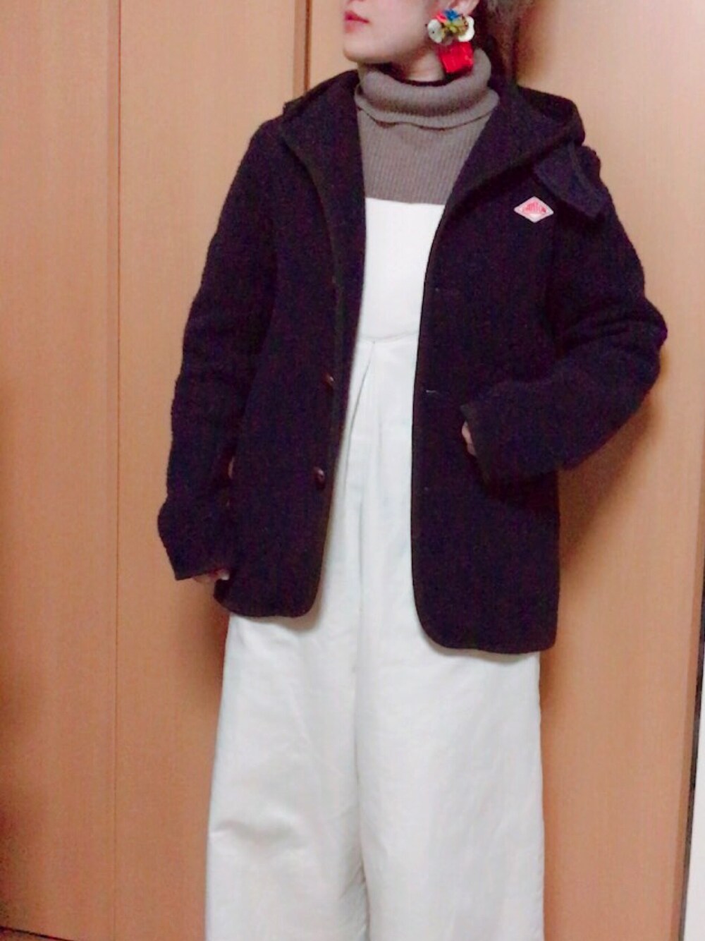 「冬、カジュアル、おしゃれさんと繋がりたい」｜「DANTONの【DANTON(ダントン)】ウールモッサ　シングルフードジャケット（ピーコート、ブルー系）」を使った、m.h123さん（レディース・157cm）の冬コーディネートの1枚目の写真