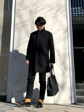 「大阪」｜「アイテム（ステンカラーコート）」を使った、jaepil leeさん（メンズ・175cm）の冬コーディネート