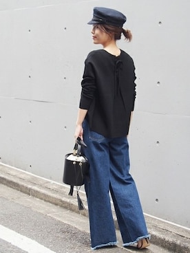 「フリンジデニム」｜「アイテム（ハンチング/ベレー帽）」を使った、Mizuki＊さん（レディース・160cm）の冬コーディネート