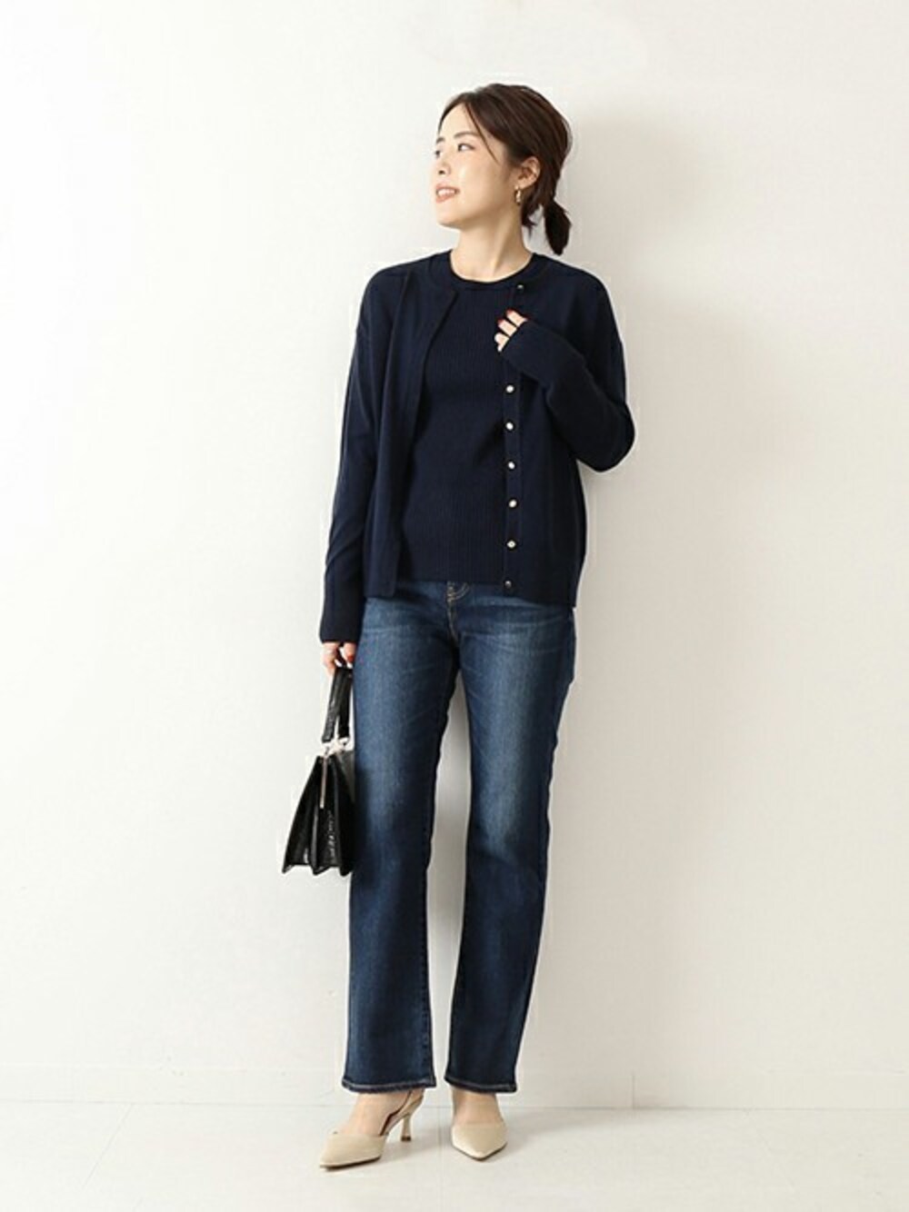 「ニット、ネイビー、アンサンブル、デイリーカジュアル」｜「Spick & SpanのW/Ry アンサンブルニット◆（アンサンブル、ブルー系）」を使った、Mizuki＊さん（レディース・160cm）の冬コーディネートの1枚目の写真