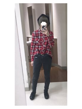 「赤チェック」｜「アイテム（ハンチング/ベレー帽）」を使った、龍夜さん（レディース・159cm）の夏コーディネート