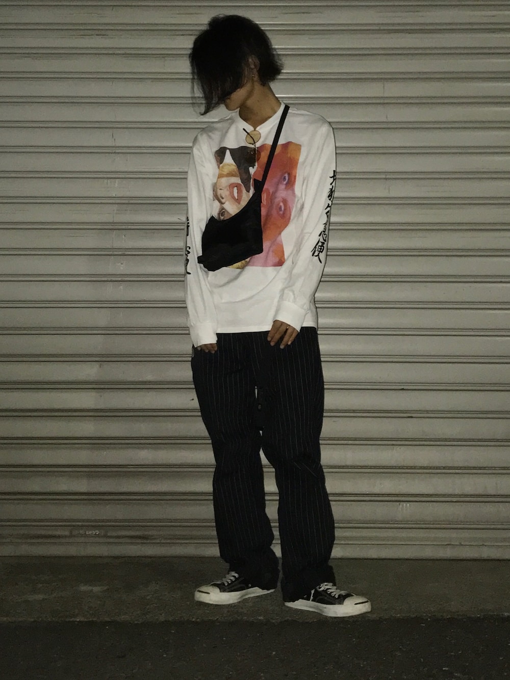 「休日スタイル、flagstuff、BEAMS、GLADHAND、BULL ORIGINAL、秋コーデ、ビッグシルエット、ストリート」｜「FLAGSTUFFのF-LAGSTUF-F / DELIHELL Tee ”地獄特急便”（Tシャツ/カットソー、ホワイト系）」を使った、Satsuma Gotoさん（メンズ・168cm）の夏コーディネートの1枚目の写真