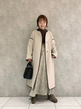 「花柄スカート」｜「アイテム（ノーカラーコート）」を使った、MAYUさん（レディース・153cm）の冬コーディネート