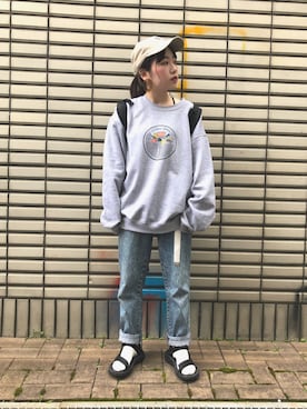 「FREAK'S STORE（フリークスストア）のPark Deli/パークデリ MANHOLE CREWNECK SWEAT（スウェット、グレー系）」を使った、ぷちさん（レディース・149cm）の春コーディネート