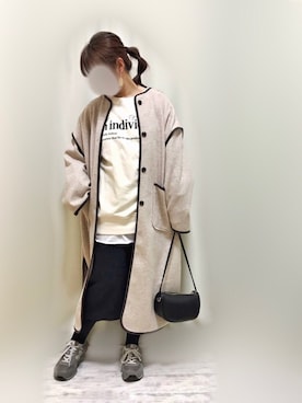 「カジュアルダウン」｜「アイテム（ノーカラーコート）」を使った、まりも☺︎︎𓇼𓆡𓆉さん（レディース・156cm）の冬コーディネート