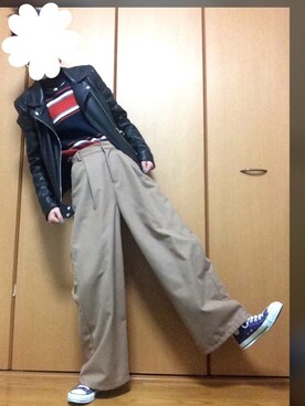 「オールスター」｜「アイテム（ライダースジャケット）」を使った、KPさん（レディース・163cm）の春コーディネート